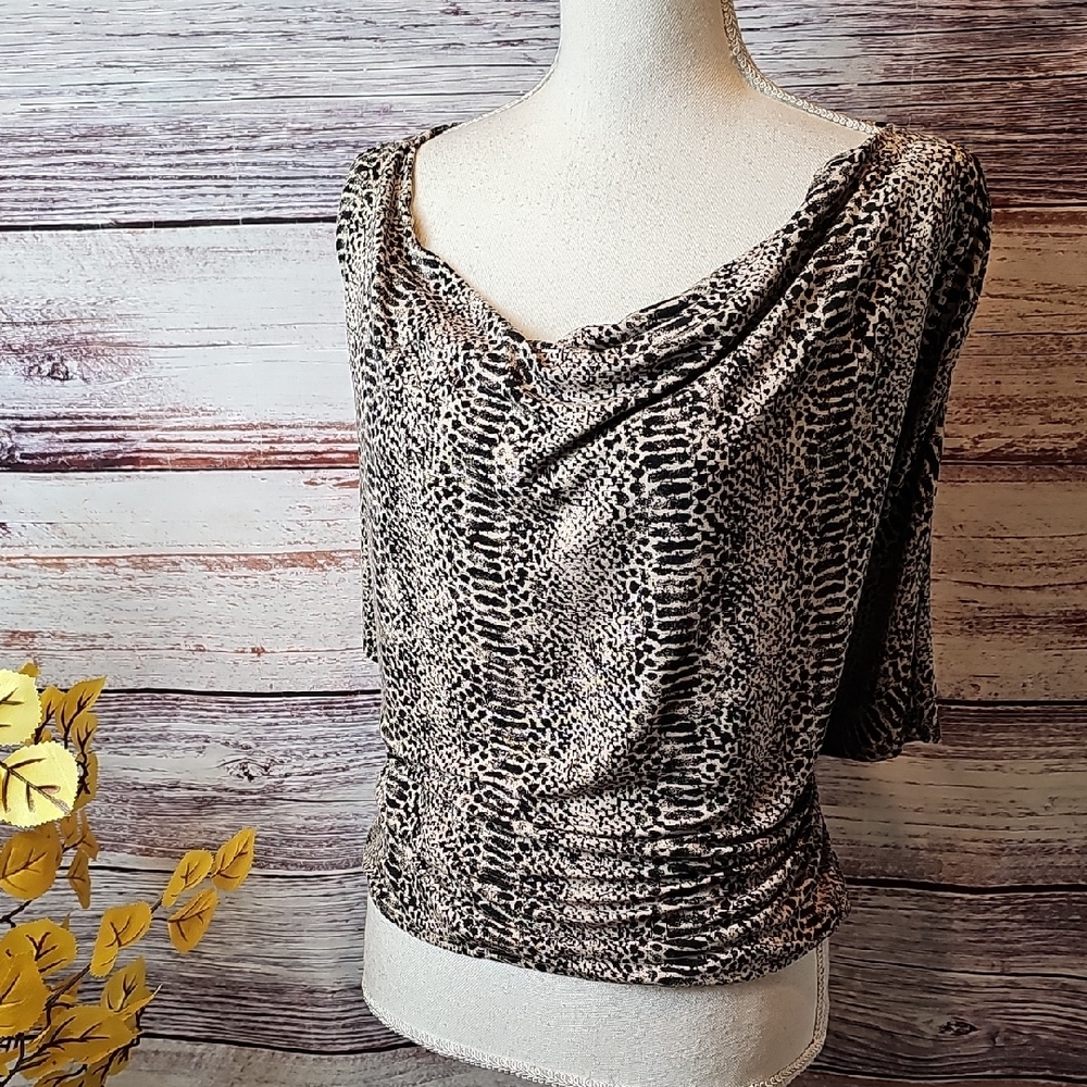 TART SNAKE PRINT COWL NECK DOLMAN SLEEVE PULLOVER ELASTIC WAIST TOP